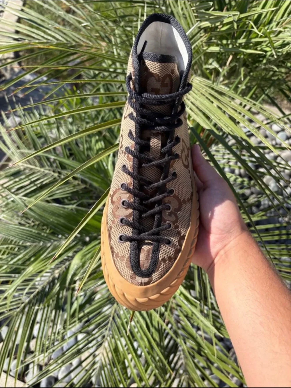 Gucci Beige & Brown GG Canvas High-Top Sneaker with Tan Sole